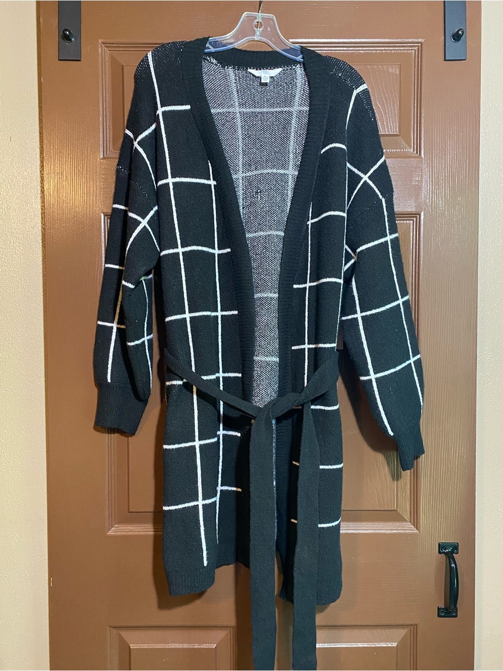 Time and Tru Black White Windowpane Belted Open Front Cardigan Sweater XL NWT